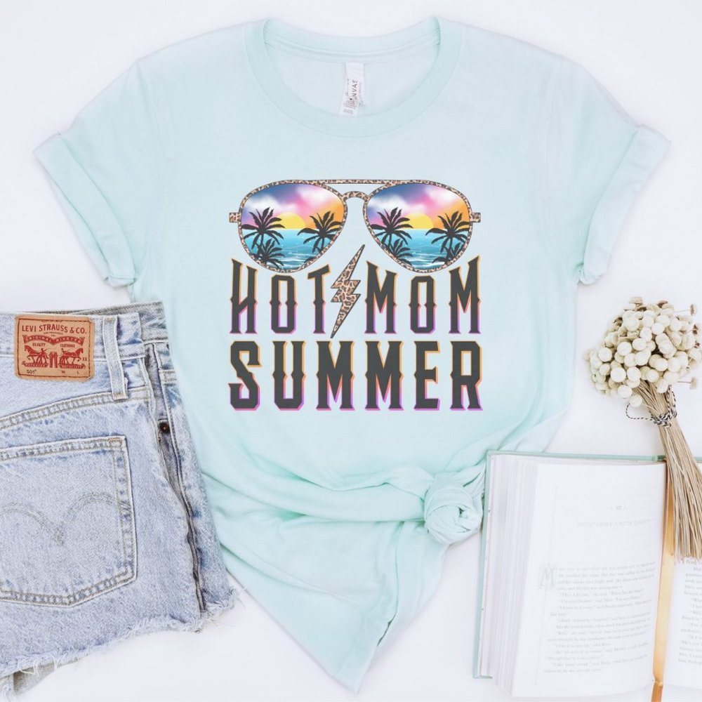 Hot Mom Summer Shirt, Vacation Shirt, Mama Shirt -Heather Ice Blue XS-2X